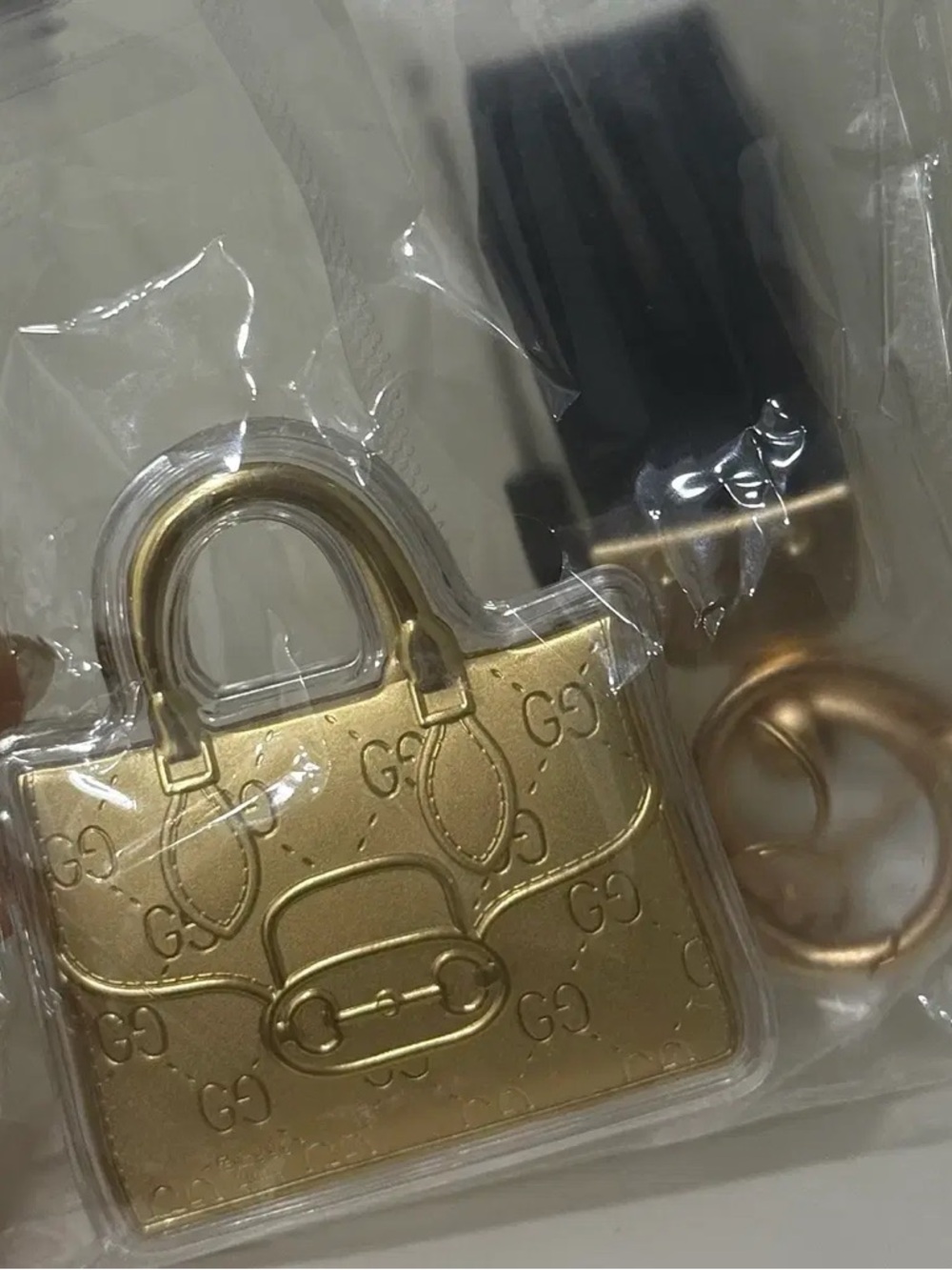 Keychain 24k gold foil charm with clear outline with black leather